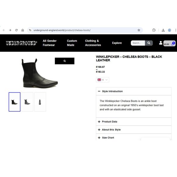Underground England Black Leather Chelsea Winklepicker Boots Goth UK 10 / US 11 - Picture 15 of 15